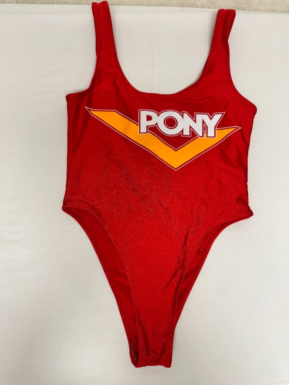 PONY Red One Piece Swimsuit Logo Graphic High Cut Bathing Suit Women’s Small